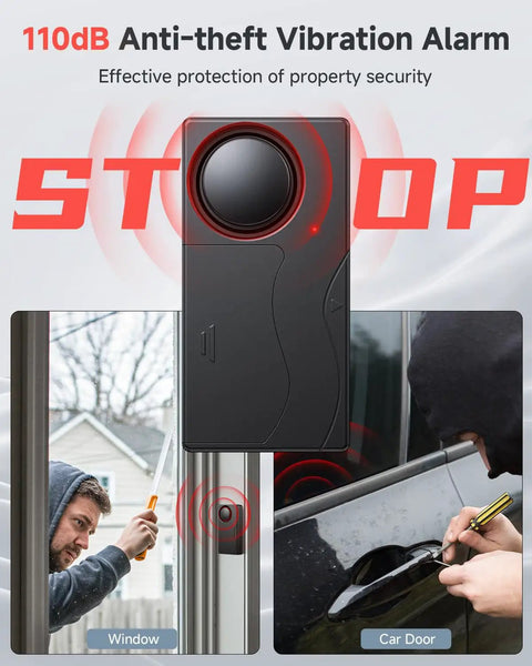 110dB Vibration Car Alarm With 10 Level Sensitivity Adjustable Wireless Remote Anti Theft Device For Car Truck RV Motorcycle And E Bike Loud Security Alarm To Deter Thieves And Protect Your Ride. Black vibration alarm mounted on window and car door