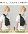 Model wearing Mens Sling Pack With Upgraded Type C Charge Port Water Resistant Nylon Crossbody Daypack in small and large sizes.