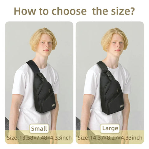 Model wearing Mens Sling Pack With Upgraded Type C Charge Port Water Resistant Nylon Crossbody Daypack in small and large sizes.