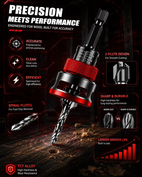 Hassle Free Premium Countersink Drill Bit Set With Adjustable Depth Stopper for wood drilling with TCT alloy design and precision features.