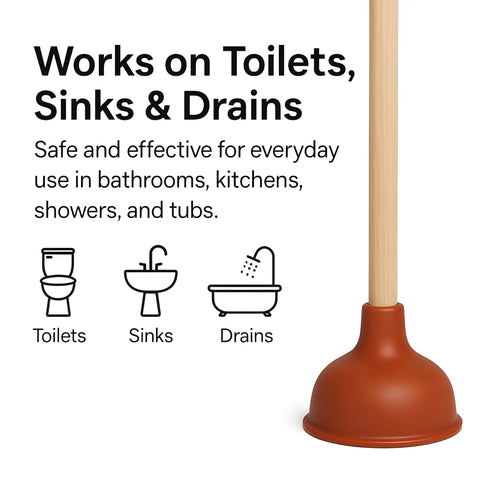 Heavy Duty Wooden Handle Plunger Duo For Toilets And Sinks Tough Rubber Bell smashes clogs in bathrooms and kitchens.