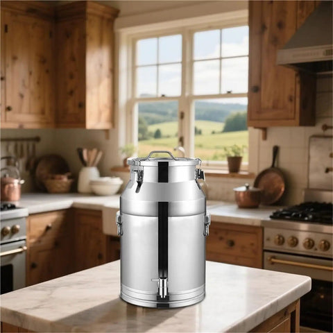 Heavy Duty Workhorse 304 Stainless Steel Milk Can With Spigot 16.9 Gallon in a kitchen setting on a marble countertop.