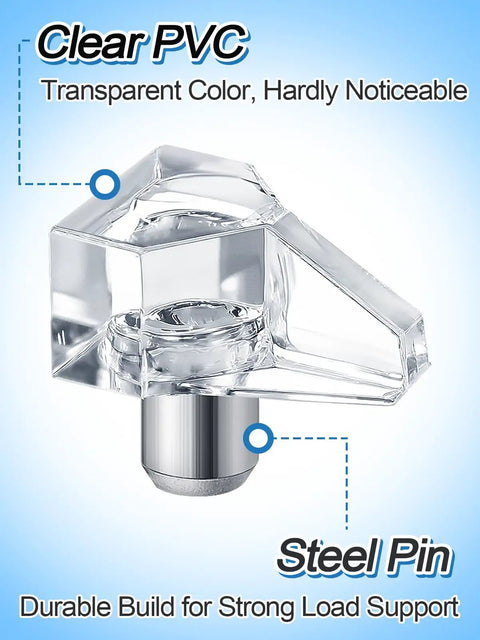 Heavy Duty Clear Shelf Support Pegs For Cabinet Furniture And Bookshelves 100 Pack with transparent PVC and steel pin.
