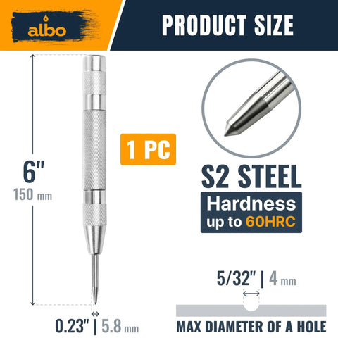 Top Tier 6 Inch Automatic Center Punch Featuring Heavy Duty Spring Loaded Action And Tough Steel Tip For Dead Nuts Accurate Drill Markings On Metal Wood And Concrete, S2 steel tip.