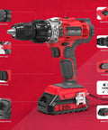 20V Cordless Drill And Impact Driver Combo Kit With Half Inch Hammer Drill and red design details with buttons and features