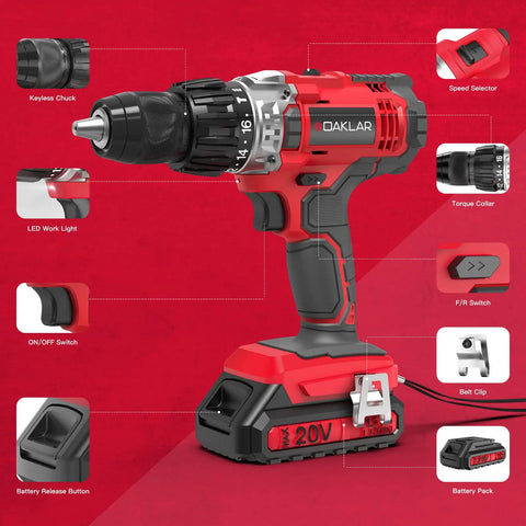 20V Cordless Drill And Impact Driver Combo Kit With Half Inch Hammer Drill and red design details with buttons and features