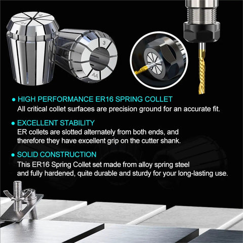 Heavy Duty ER16 Spring Collet Chuck 1 To 10mm And Inch Sets Fits CNC Engraving Machines showing collets for stable tool holding.
