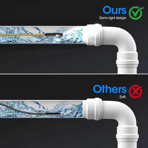 Comparison of 1920P HD Borescope With 8 Adjustable LEDs, 32.8ft Semi-Rigid Snake Camera vs soft design in pipes.