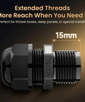 Side view of a M20SL cable gland with extended 15mm threads for secure installation, part of 10 Pack M20SL Long Thread Cable Gland Waterproof IP68