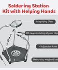 Soldering Station Kit With Helping Hands, 4 Adjustable Arms, Magnifying Glass, and Third Hand Tool for precision tasks displayed.