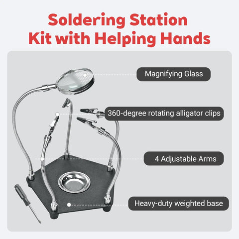 Soldering Station Kit With Helping Hands, 4 Adjustable Arms, Magnifying Glass, and Third Hand Tool for precision tasks displayed.