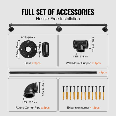 Full set of accessories for Rock Solid Six Foot Carbon Steel Staircase Handrail including screws, pipes, and mounts.