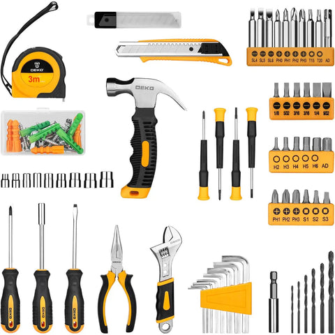 126 Piece DIY Tool Kit With 8V Cordless Drill, Handy Tool Box Set For Home Repair And Handyman Projects, various tools displayed.