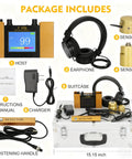 Underground Water Leak Detector With Ultrasonic Geophone Sensor Digital Display Earphone And Carrying Case, showing components and dimensions
