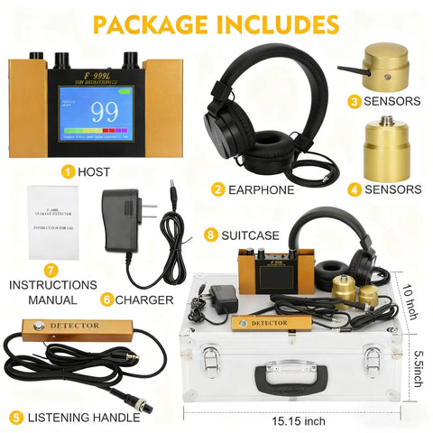 Underground Water Leak Detector With Ultrasonic Geophone Sensor Digital Display Earphone And Carrying Case, showing components and dimensions