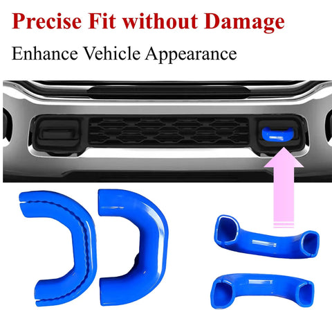 Blue Front Tow Hook Covers For RAM 2500 And 3500, 2019-2026, Hitch Cover Replacement, heavy-duty silicone design next to RAM grille