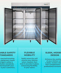 Top Shelf 78 Inch Triple Door Reach In Freezer 72 Cubic Feet Stainless Steel Commercial Kitchen Cold Storage Workhorse with open doors.