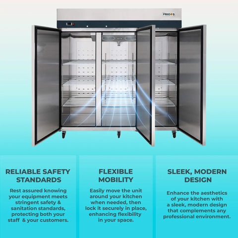 Top Shelf 78 Inch Triple Door Reach In Freezer 72 Cubic Feet Stainless Steel Commercial Kitchen Cold Storage Workhorse with open doors.
