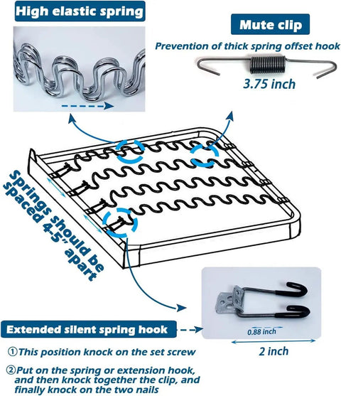 Diagram showing components of 27 Inch Sofa Spring Replacement Kit For Couch And Recliner Support Glider Rocker Chairs with springs and hooks.