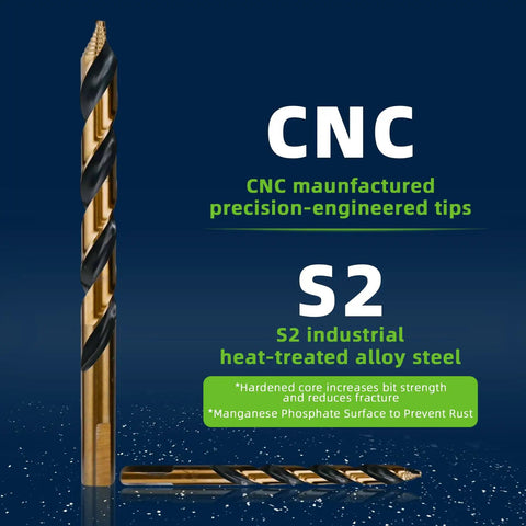 Hyper Step HSS Cobalt Drill Bit Set 1/8 To 1/2 Inch showing CNC precision-engineered tips and S2 industrial alloy steel.