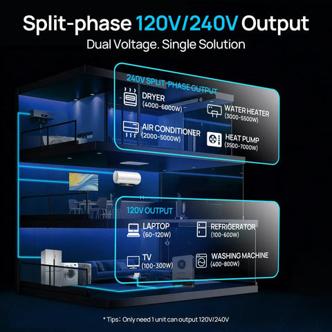 Split-phase 120V/240V output diagram for appliances showing power requirements, highlighting Rock Solid 10KW Off Grid Solar Kit.