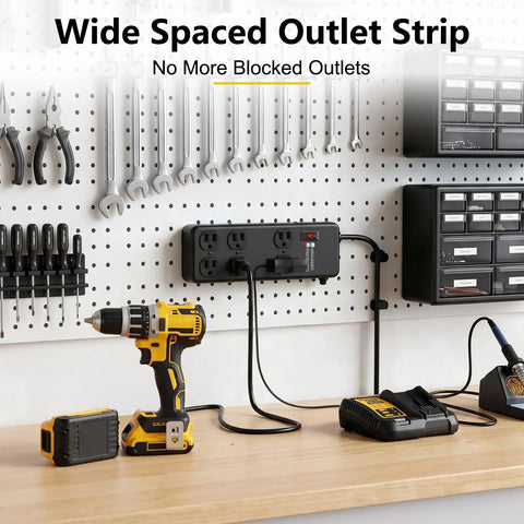 Heavy Duty Surge Protector Packing 3000 Joule Surge Defense 6 Outlet Beefy Metal Power Strip In Black mounted on a workbench with tools.