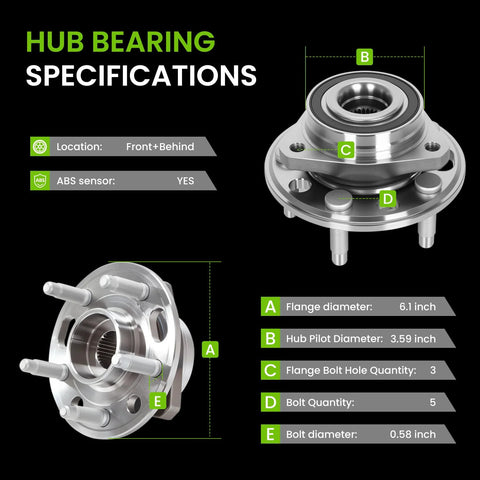 Diagram showing Two Pack Front And Rear Wheel Bearing And Hub Assembly 513288 with specifications and measurements.