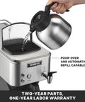 Cafe Deco Automatic Or Pour Over Thermal Carafe Coffee Brewer being filled, shows pour-over and auto refill capabilities, NSF Certified, 120V.