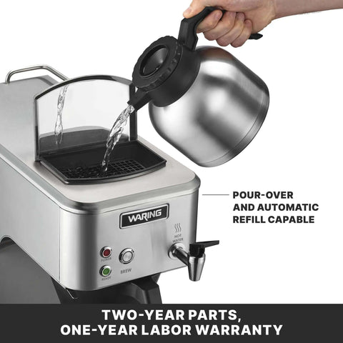 Cafe Deco Automatic Or Pour Over Thermal Carafe Coffee Brewer being filled, shows pour-over and auto refill capabilities, NSF Certified, 120V.