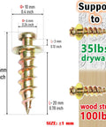 Close-up of Double Headed Claw Hanger Screws For Picture Frames And Mirrors Gold Finish with measurements and support info