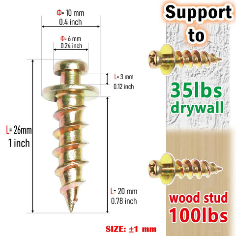 Close-up of Double Headed Claw Hanger Screws For Picture Frames And Mirrors Gold Finish with measurements and support info