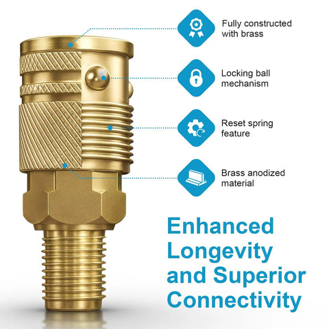 14 Pcs 1 Quarter Inch NPT Air Hose Fittings Kit with Quick Connect Brass Couplers and Plugs, brass material, locking ball design
