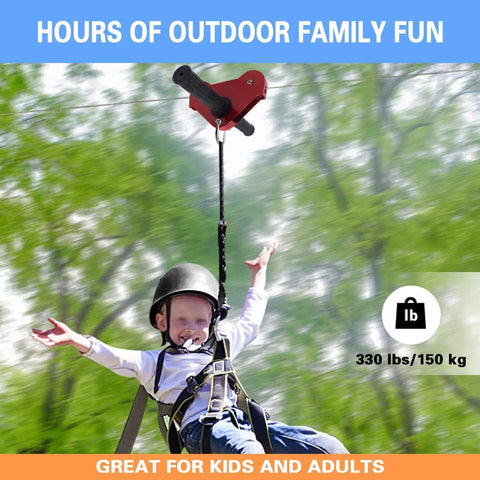 Child enjoying backyard zip line kit 120ft for kids and teens up to 330 lbs with stainless steel cable, harness, and helmet included