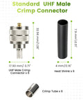 Six Pack UHF Male Crimp Connectors For RG8X LMR240 KMR240 4D FB Coax Cables PL259 J4 shown with dimensions and heat shrink