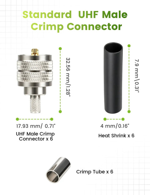 Six Pack UHF Male Crimp Connectors For RG8X LMR240 KMR240 4D FB Coax Cables PL259 J4 shown with dimensions and heat shrink