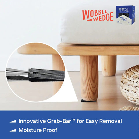 Rigid Black Plastic Shim Wedges fixing wobbly bed leg; interlocking ridges shown; 30 pack for DIY home improvement and furniture leveling.