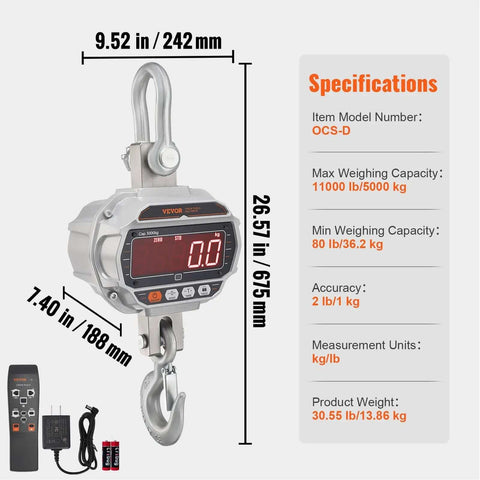 Digital Crane Scale 11000 Lbs 5000 Kg Heavy Duty Hanging Scale With Remote Control Cast Aluminum Case And LED Display