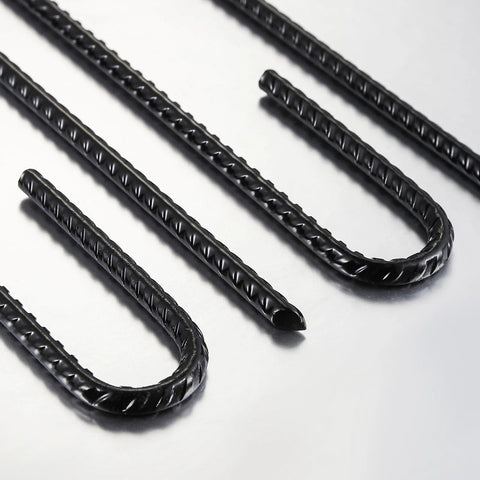 Extra Heavy Duty UJ Hook Rebar Ground Anchors Twelve Inch Long By One Quarter Inch Diameter Rust Proof Coated Steel For Garden Tent And Trampoline Fifty Pieces J Hook For Outdoor Use To Secure Tents Canopies Play Equipment In Wind in a close-up view