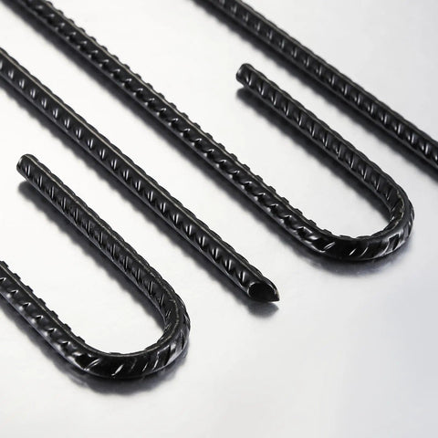 Close-up of Extra Heavy Duty Rebar U J Hook Ground Anchors 12 Inch By One Quarter Inch Rust Proof Coated Steel for garden tent trampoline 10 pack