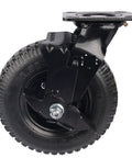 Hella Durable Eight Inch Pneumatic Rubber Wheel With Side Brake Universal Hotel Luggage Cart Caster For Heavy Duty Baggage Trolley No Sweat Smooth Rolling Setup, showing side view of black tire and brake.