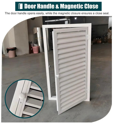 Solid Louvered Vent Access Panel Aluminum Recessed Magnetic Hatch For Drywall Attic Walls With Heavy Duty Inspection Door showing door handle and magnetic closure.