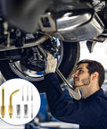 Mechanic using 8 Piece Grease Gun Accessory Kit With 4 Nozzles 2 Couplers Straight And Bent Nipple for tight spaces