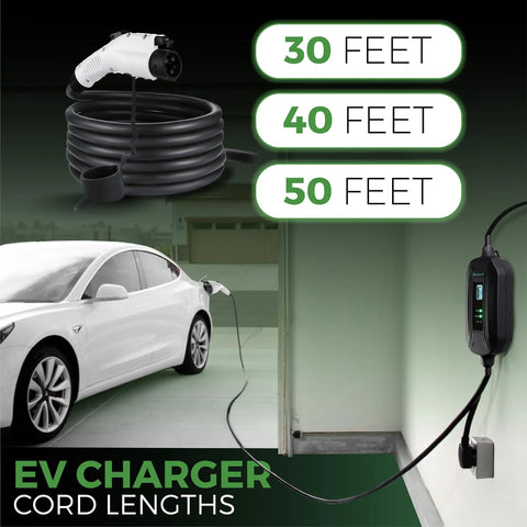 Level 2 EV Charger 240V 16A Portable EVSE with 30 Foot Cable and 14-50P Plug connected to electric car