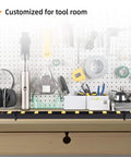 Beefy 10 Outlet Long Power Strip With 1000 Joule Surge Protector on workbench with tools, black heavy-duty metal case