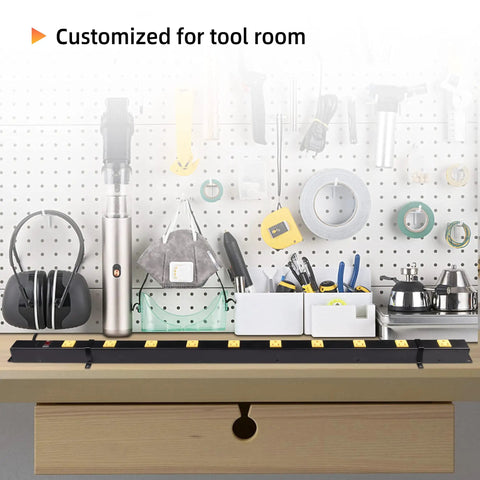 Beefy 10 Outlet Long Power Strip With 1000 Joule Surge Protector on workbench with tools, black heavy-duty metal case