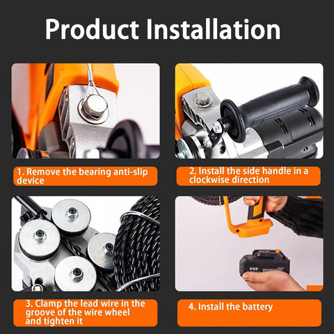 Gutsy FourWheel Electrician Wire Puller Featuring Sweet Infinite Speed Tweaks And Flexible Head Geometry For Dead Simple Pipe Cable Runs Comes Loaded With Dual Batteries installation steps with close-up views of parts and assembly process.