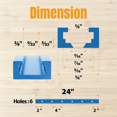 Dimension diagram of Four Pack 24 Inch Universal T Track Bars With 3 Inch Flip Fence Stop Built Like A Tank Double Cut Profile Pre Drilled Holes.