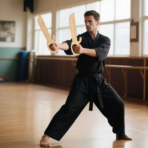 Martial artist using Natural Hardwood Wing Chun Butterfly Swords Set for Kung Fu Training in a dojo, practicing form drills.