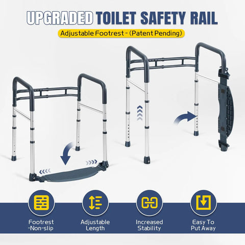 Heavy Duty Bathroom Safety Rails With Footrest And Non Slip Rubber Feet Straight Up Solid Support For Seniors showing adjustable footrest design.