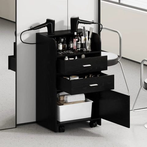 Mobile Salon Station On Wheels For Hair Stylists And Barbers Sleek Black Trolley Cart With Swivel Casters Pro Grade Organizer